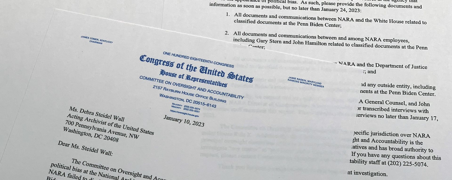 A letter from House Oversight Committee chairman Rep. James Comer, R-Ky., to Debra Steidel Wall, archivist of the United States - Sputnik International, 1920, 24.01.2023