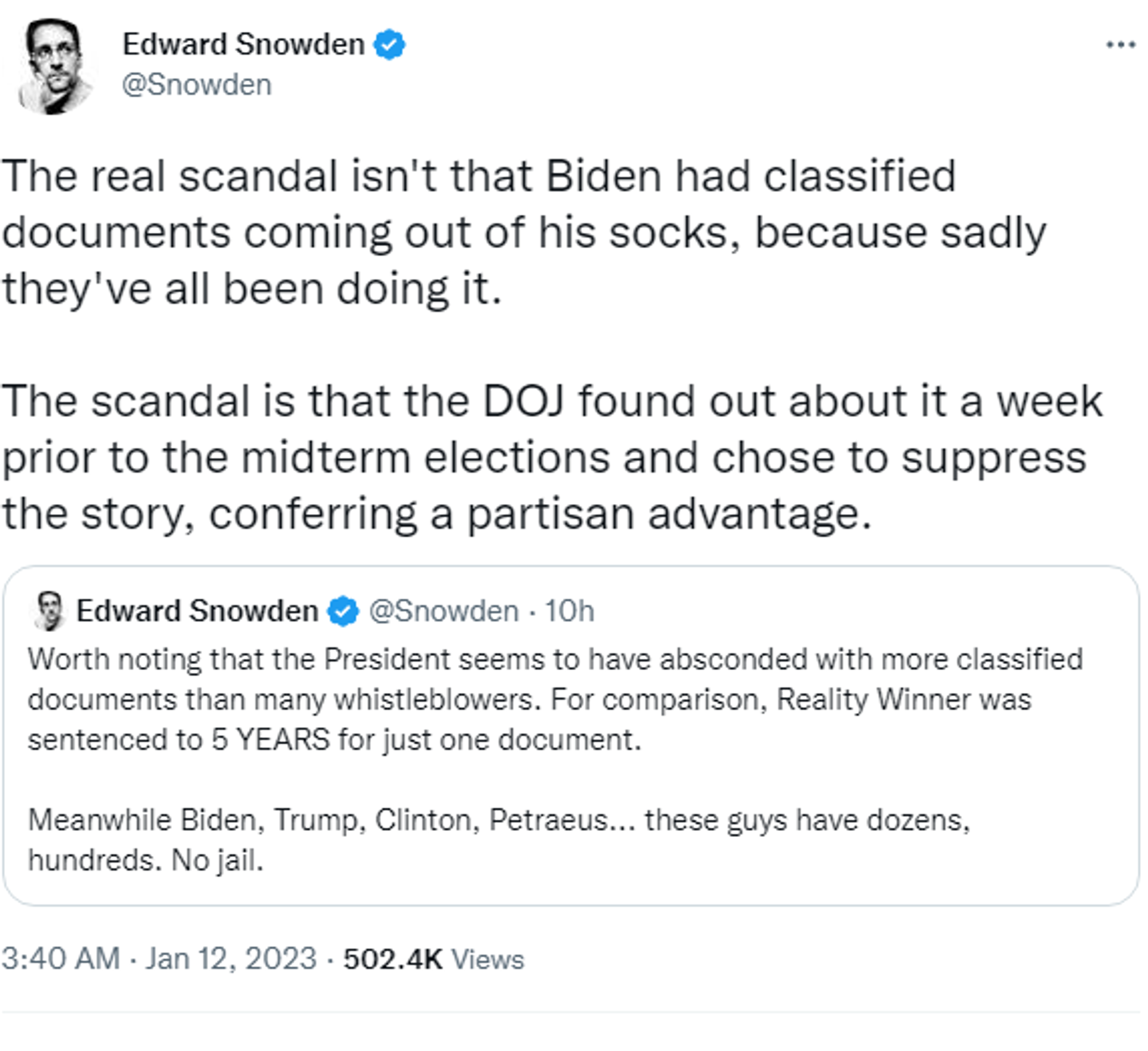 Screenshot of Twitter account offFormer National Security Agency contractor Edward Snowden. - Sputnik International, 1920, 12.01.2023