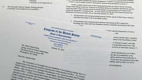 The letter from House Oversight Committee chairman Rep. James Comer, R-Ky., to Debra Steidel Wall, archivist of the United States, requesting, among other things, all documents and communications between the National Archives and Records Administration related to classified documents at the Penn Biden Center. - Sputnik International
