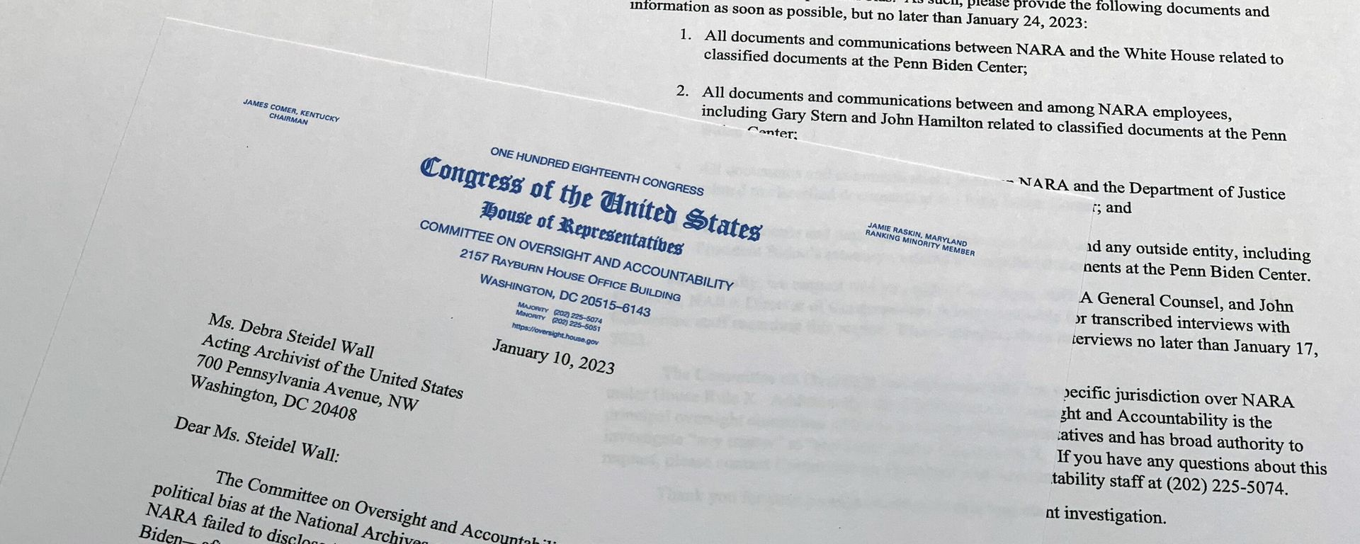 The letter from House Oversight Committee chairman Rep. James Comer, R-Ky., to Debra Steidel Wall, archivist of the United States, requesting, among other things, all documents and communications between the National Archives and Records Administration related to classified documents at the Penn Biden Center. The letter from House Oversight Committee chairman Rep. James Comer, R-Ky., to Debra Steidel Wall, archivist of the United States, requesting, among other things, all documents and communications between the National Archives and Records Administration related to classified documents at the Penn Biden Center. - Sputnik International, 1920, 14.01.2023