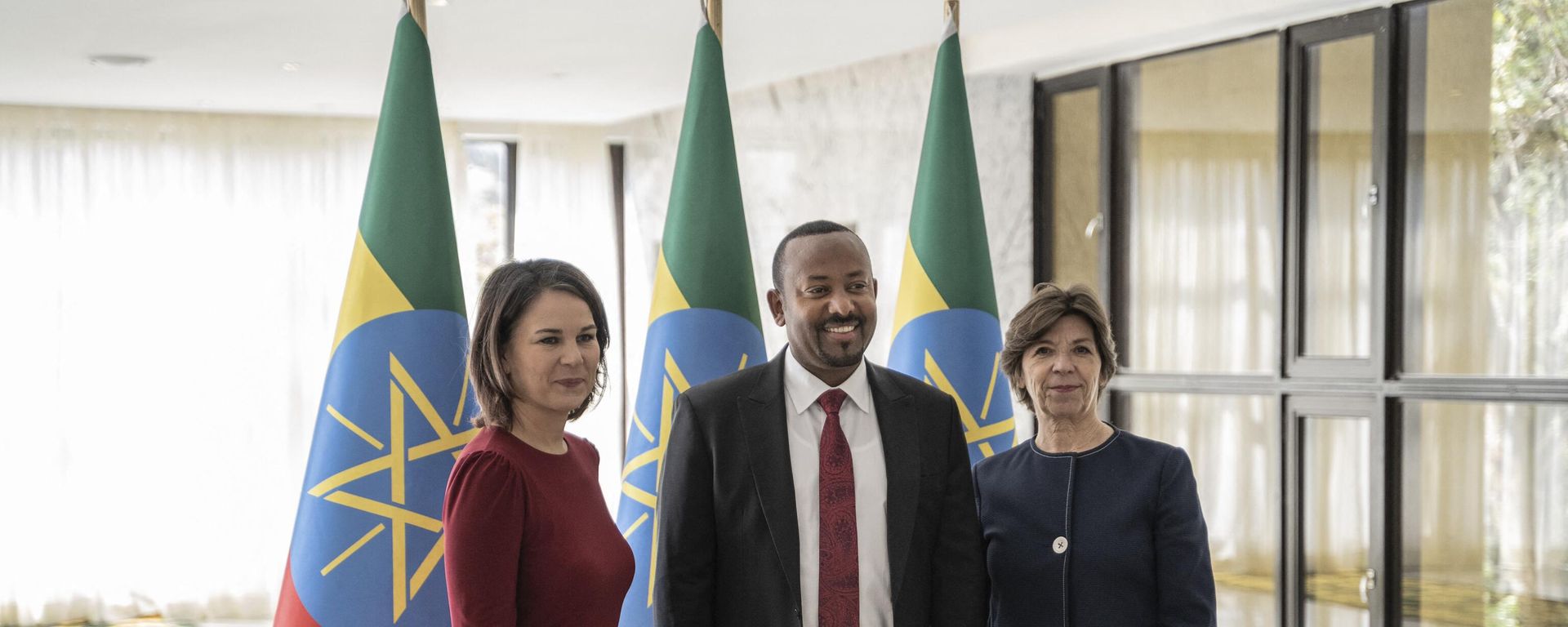 German Federal Minister for Foreign Affairs, Annalena Baerbock (L), Ethiopia Prime Minister Abiy Ahmed (C) and French Foreign and European Affairs Minister, Catherine Colonna (R) pose for a photograph at the Prime Minister office in Addis Ababa, Ethiopia, on January 12, 2023. German Federal Minister for Foreign Affairs, Annalena Baerbock (L), Ethiopia Prime Minister Abiy Ahmed (C) and French Foreign and European Affairs Minister, Catherine Colonna (R) pose for a photograph at the Prime Minister office in Addis Ababa, Ethiopia, on January 12, 2023. - Sputnik International, 1920, 14.01.2023