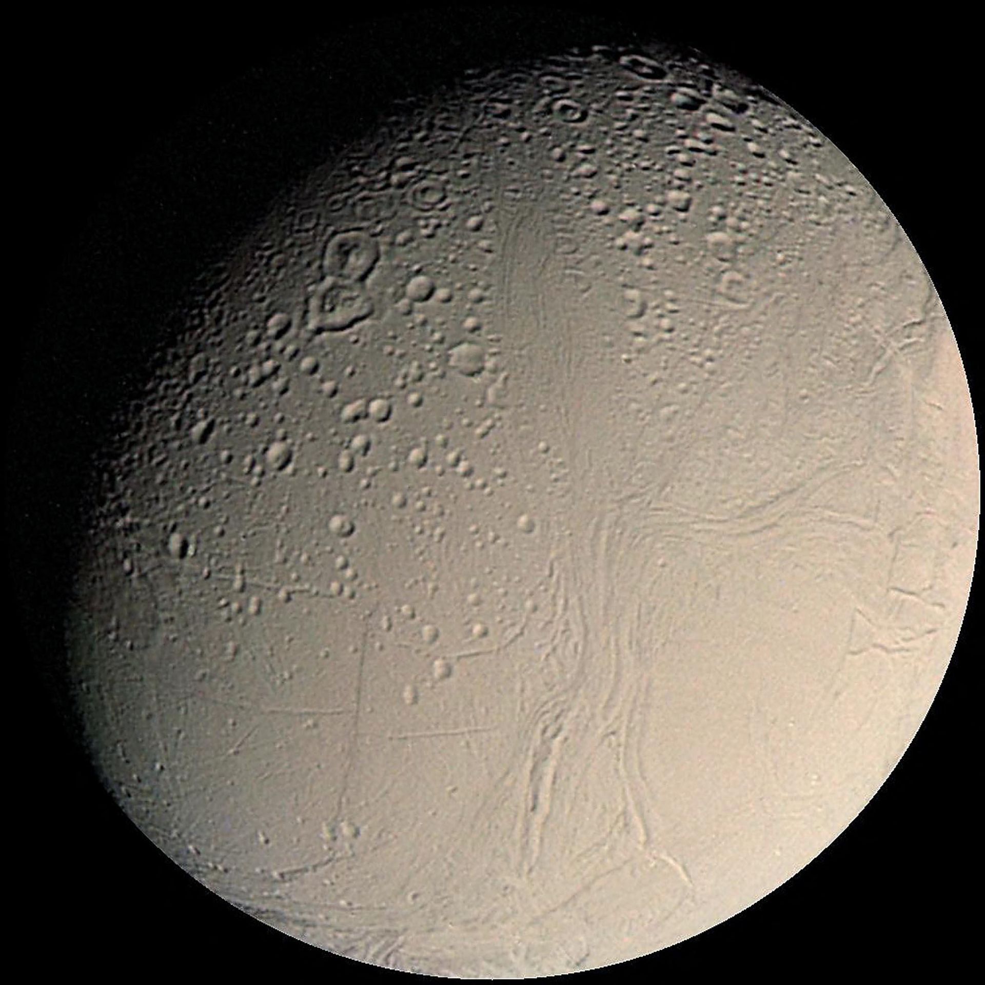 This image released by NASA 24 January, 2002, shows the small inner moon of Saturn, Enceladus seen here in a mosaic of Voyager 2 images from 1981. This image released by NASA 24 January, 2002, shows the small inner moon of Saturn, Enceladus seen here in a mosaic of Voyager 2 images from 1981. - Sputnik International, 1920, 15.01.2023