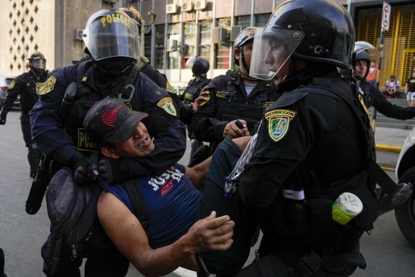 Police detain a protester marching against President Dina Boluarte in Lima, Peru, Thursday, January. 19, 2023.  - Sputnik International
