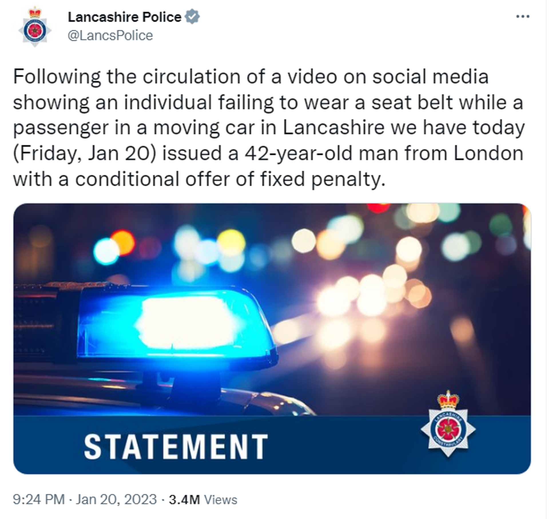 Screenshot of Twitter account of Lancashire Police. - Sputnik International, 1920, 21.01.2023