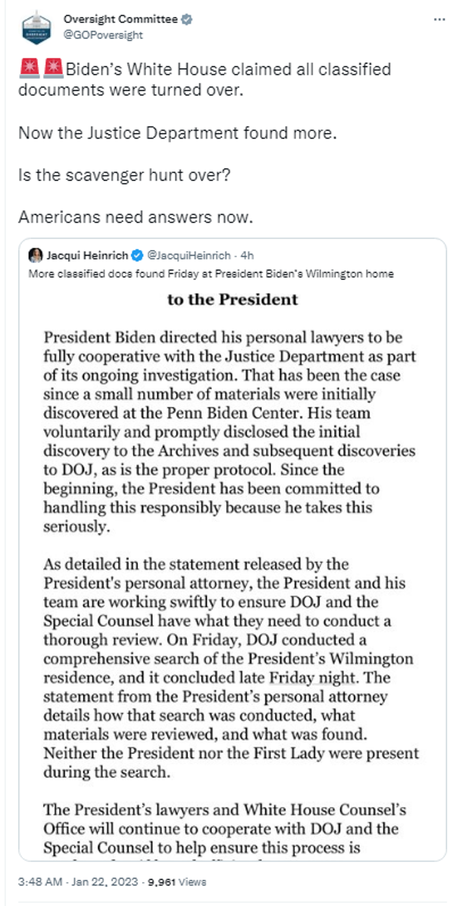 Screenshot of the Twitter account of House Oversight Committee. - Sputnik International, 1920, 22.01.2023