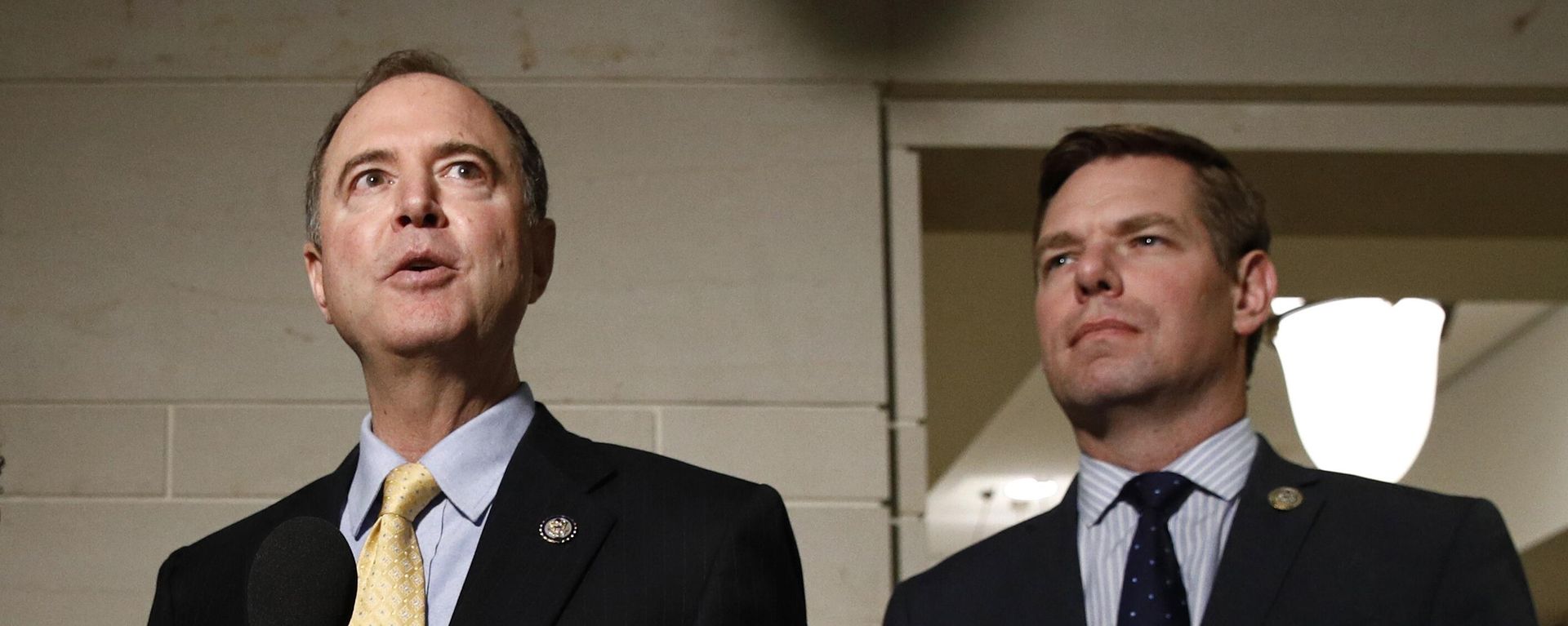 FILE - In this May 28, 2019 file photo, Rep. Adam Schiff, D-Calif., left, and Rep. Eric Swalwell, D-Calif., speak with members of the media on Capitol Hill in Washington. The Justice Department under former President Donald Trump secretly seized data from the accounts of at least two Democratic lawmakers in 2018 as part of an aggressive crackdown on leaks related to the Russia investigation and other national security matters, according to three people familiar with the seizures. FILE - In this May 28, 2019 file photo, Rep. Adam Schiff, D-Calif., left, and Rep. Eric Swalwell, D-Calif., speak with members of the media on Capitol Hill in Washington. The Justice Department under former President Donald Trump secretly seized data from the accounts of at least two Democratic lawmakers in 2018 as part of an aggressive crackdown on leaks related to the Russia investigation and other national security matters, according to three people familiar with the seizures. - Sputnik International, 1920, 25.01.2023