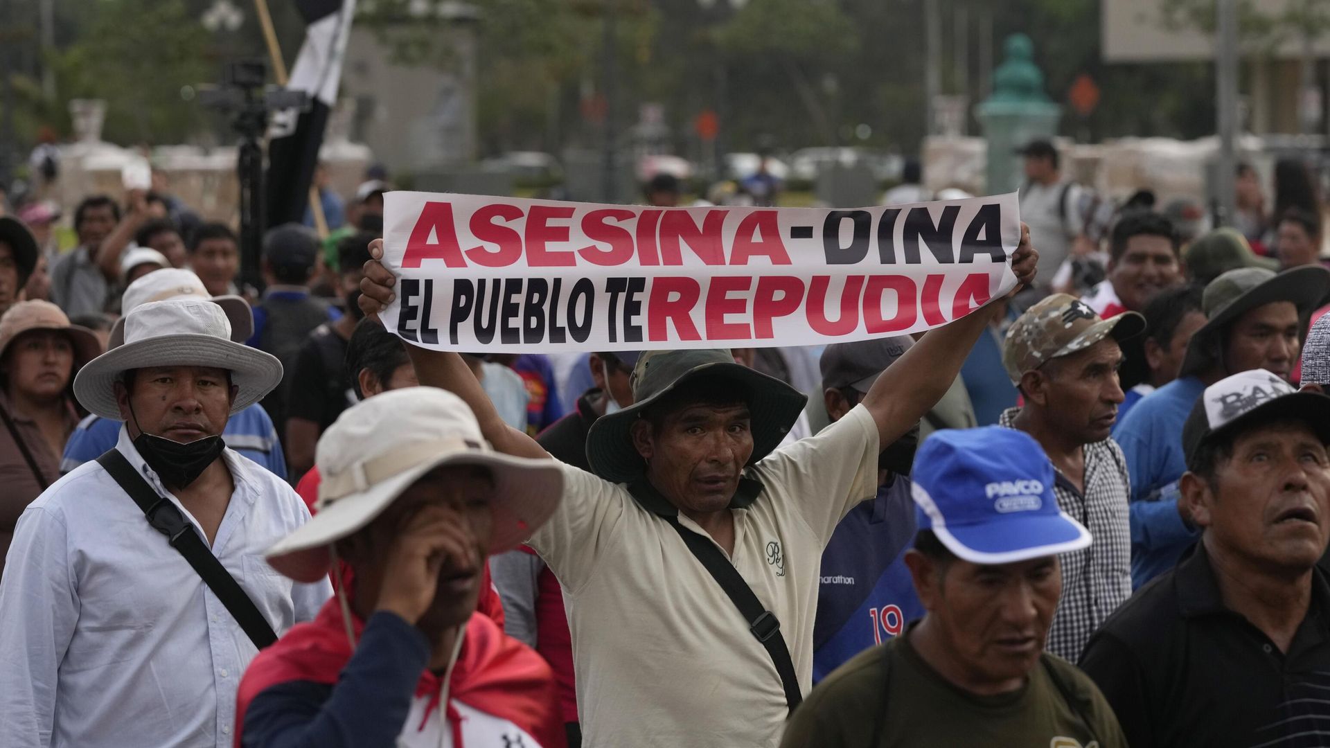Anti-government protesters hold a sign that reads in Spanish Dina Murderer during a marching against President Dina Boluarte in Lima, Peru, Wednesday, Feb. 1, 2023. Peru is facing a political crisis, with month-long protests that began after then-President Pedro Castillo was impeached and later arrested for trying to dissolve Congress on Dec. 7. Dina Boluarte, who was then vice president, took over. - Sputnik International, 1920, 02.02.2023