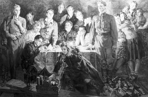 Reproduction of a "Krasnodontsy" painting by Pavel Petrovich Sokolov-Skal. Canvas, oil. 1948. At the dawn of this organization stood one  young man - Sergey Tyulenin - who started to gather weapons for resistance.  - Sputnik International