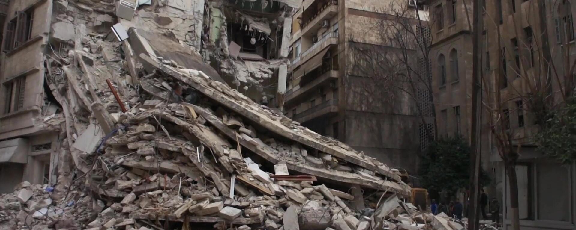 A residential building destroyed by a magnitude 7.8 earthquake that occurred on February 6 is seen in Aleppo, Syria A residential building destroyed by a magnitude 7.8 earthquake that occurred on February 6 is seen in Aleppo, Syria - Sputnik International, 1920, 10.02.2023