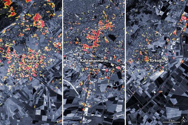 The preliminary damage proxy map above shows parts of the cities of Turkoglu, Kahramanmaras, and Nurdagi. Dark red pixels represent areas likely to have severe damage to buildings, homes, and infrastructure or changes to the landscape, whereas orange and yellow areas are moderately or partially damaged. Each pixel measures about 30 meters across (about the size of a baseball infield). - Sputnik International