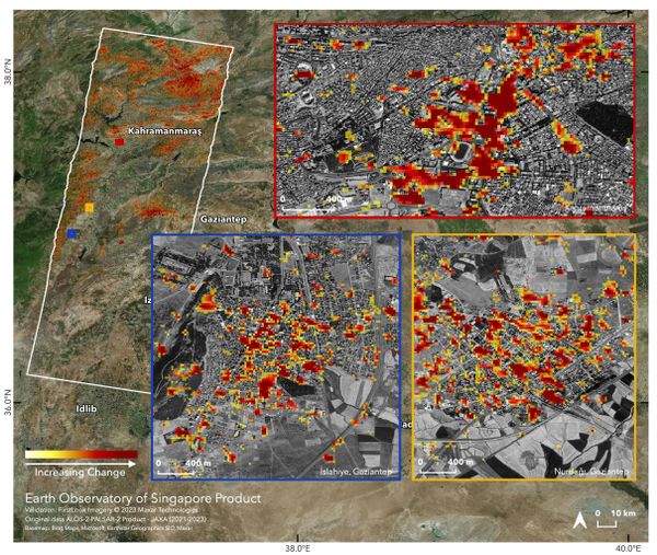 Damage proxy map of regions in Turkiye affected by the earthquake, including the cities of Turkoglu, Kahramanmaras, and Nurdagi. Dark red pixels show areas likely to have suffered severe damage to buildings, homes, and infrastructure or changes to the landscape, whereas orange and yellow areas are moderately or partially damaged. Each pixel measures about 30 meters across (about the size of a baseball infield).  - Sputnik International