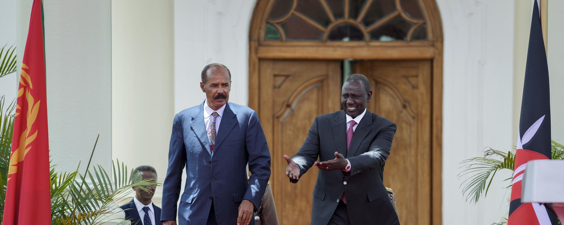 Eritrea's President Isaias Afwerki, left, is welcomed by Kenya's President William Ruto, right, as they arrive to speak to the media at State House in Nairobi, Kenya Thursday, Feb. 9, 2023. Eritrea's President Isaias Afwerki, left, is welcomed by Kenya's President William Ruto, right, as they arrive to speak to the media at State House in Nairobi, Kenya Thursday, Feb. 9, 2023. - Sputnik International, 1920, 13.02.2023