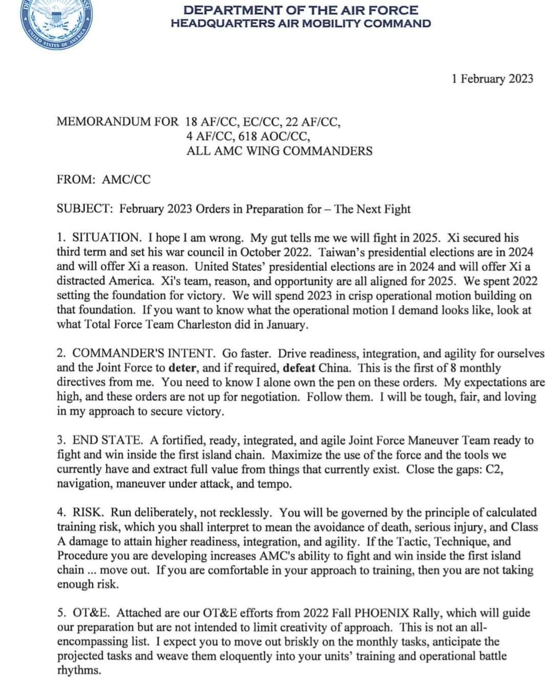 Excerpt from Air Force General Mike Minihan's leaked memo to subordinates predicting a US-China war in two years. Excerpt from Air Force General Mike Minihan's leaked memo to subordinates predicting a US-China war in two years. - Sputnik International, 1920, 16.02.2023