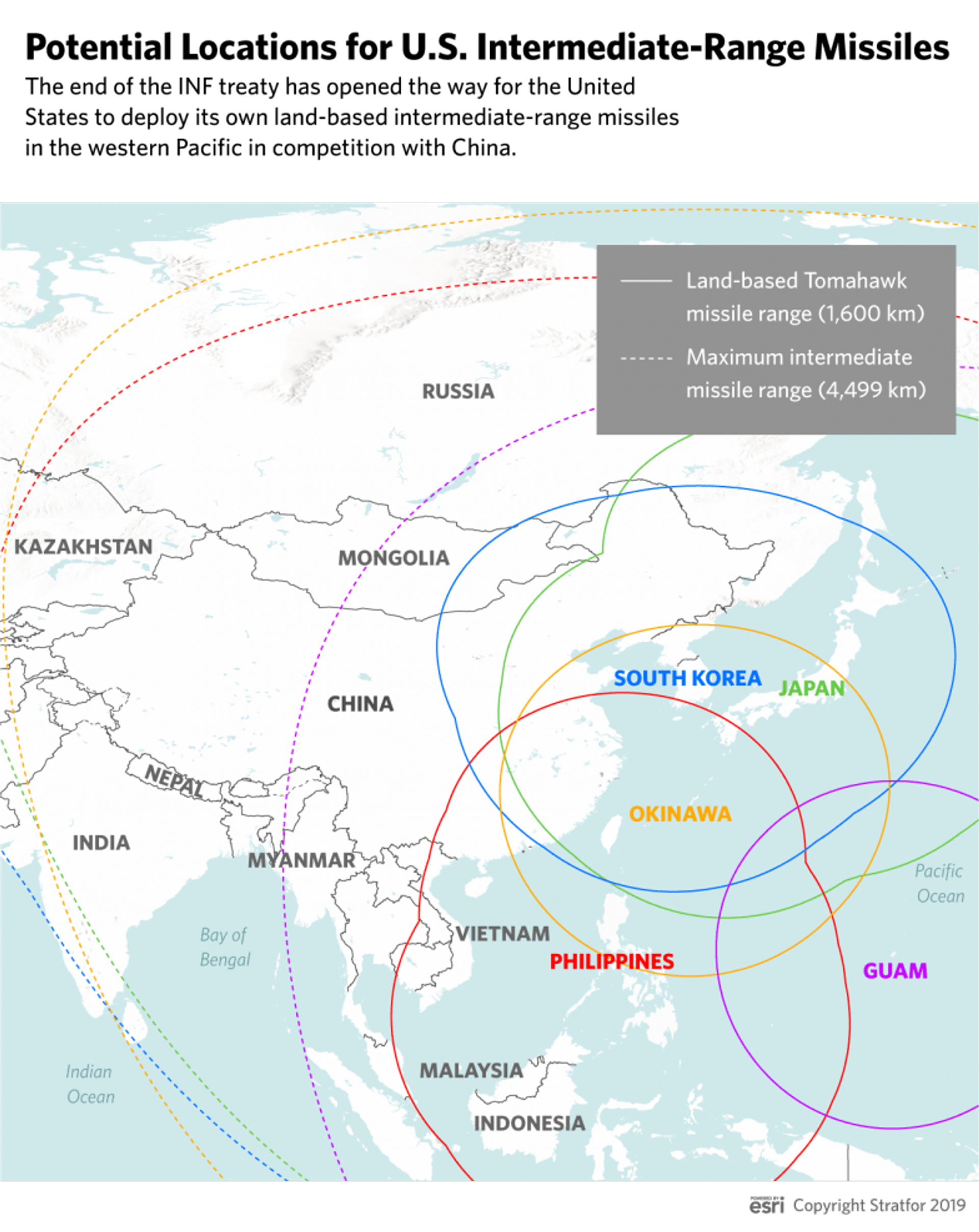 Potential operational range of US Tomahawk cruise and intermediate-range ballistic missiles if deployed near China in a map by Stratfor. Potential operational range of US Tomahawk cruise and intermediate-range ballistic missiles if deployed near China in a map by Stratfor. - Sputnik International, 1920, 16.02.2023