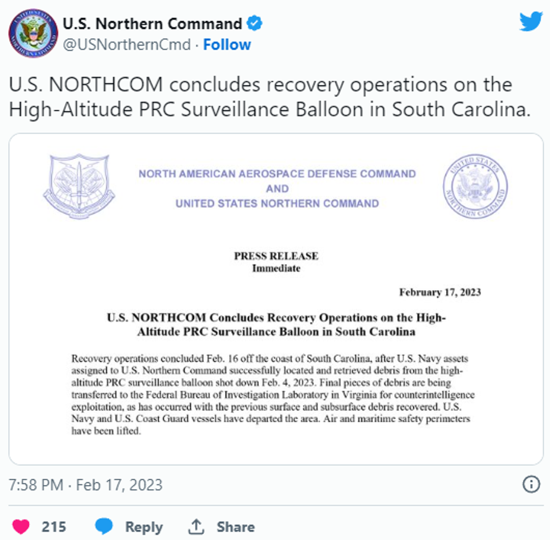 Pentagon concludes recovery of the Chinese balloon's debris - Sputnik International, 1920, 18.02.2023