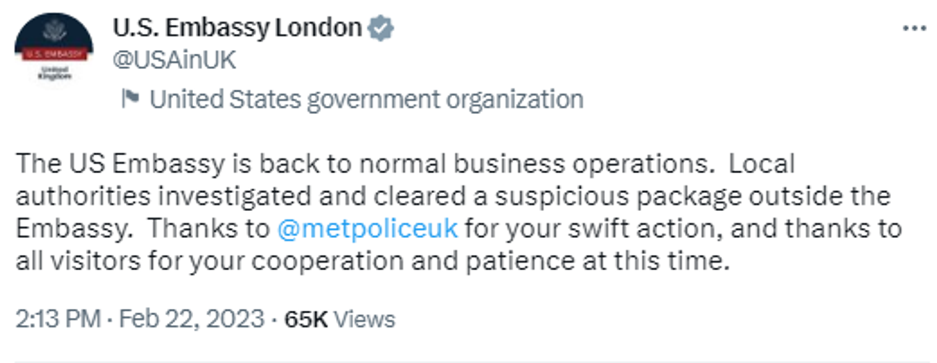 Screenshot of Twitter account of US Embassy in London. - Sputnik International, 1920, 22.02.2023