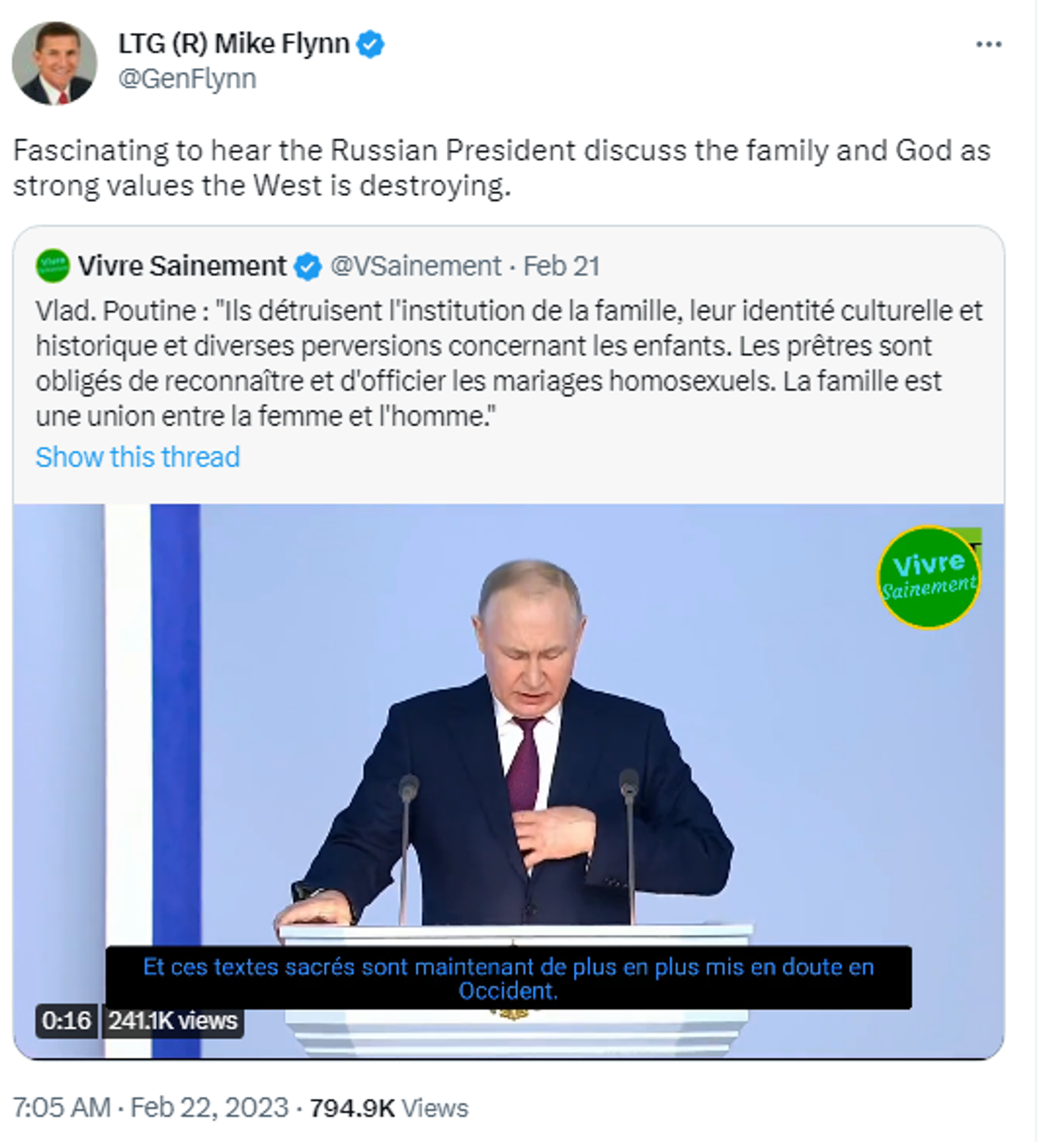 Screenshot of Twitter account of Retired Lt. General Michael Flynn showing video of Russian President Vladimir Putin's address to Federal Assembly on February 21, 2023. Screenshot of Twitter account of Retired Lt. General Michael Flynn showing video of Russian President Vladimir Putin's address to Federal Assembly on February 21, 2023. - Sputnik International, 1920, 23.02.2023
