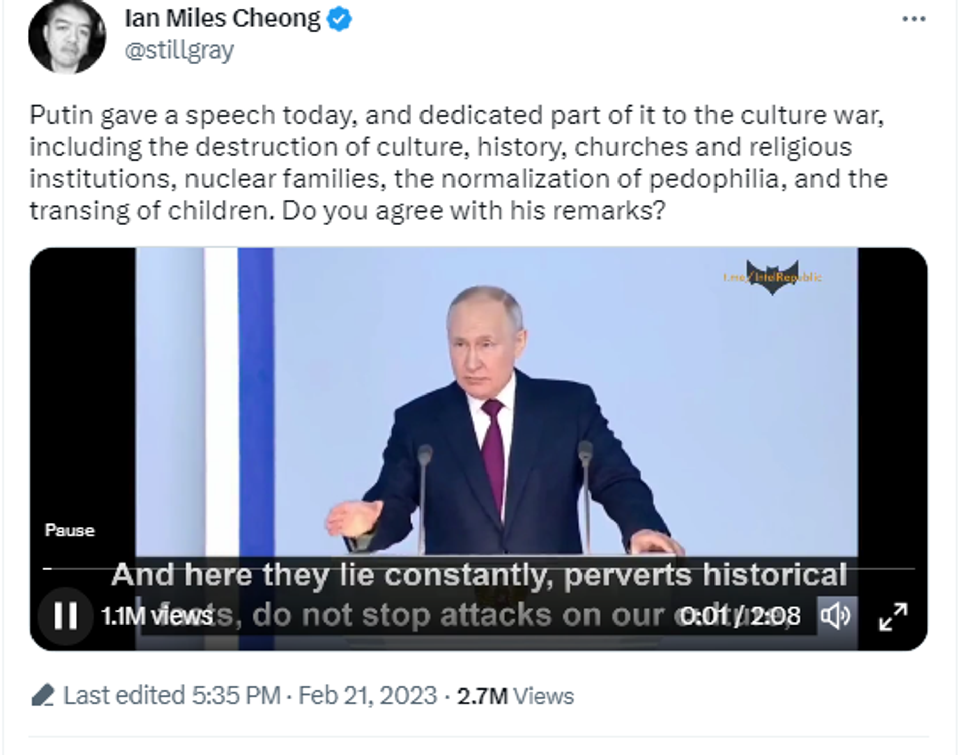 Twitter screenshot, featuring ideo of Russian President Vladimir Putin's address to Federal Assembly on February 21, 2023. Twitter screenshot, featuring ideo of Russian President Vladimir Putin's address to Federal Assembly on February 21, 2023. - Sputnik International, 1920, 23.02.2023