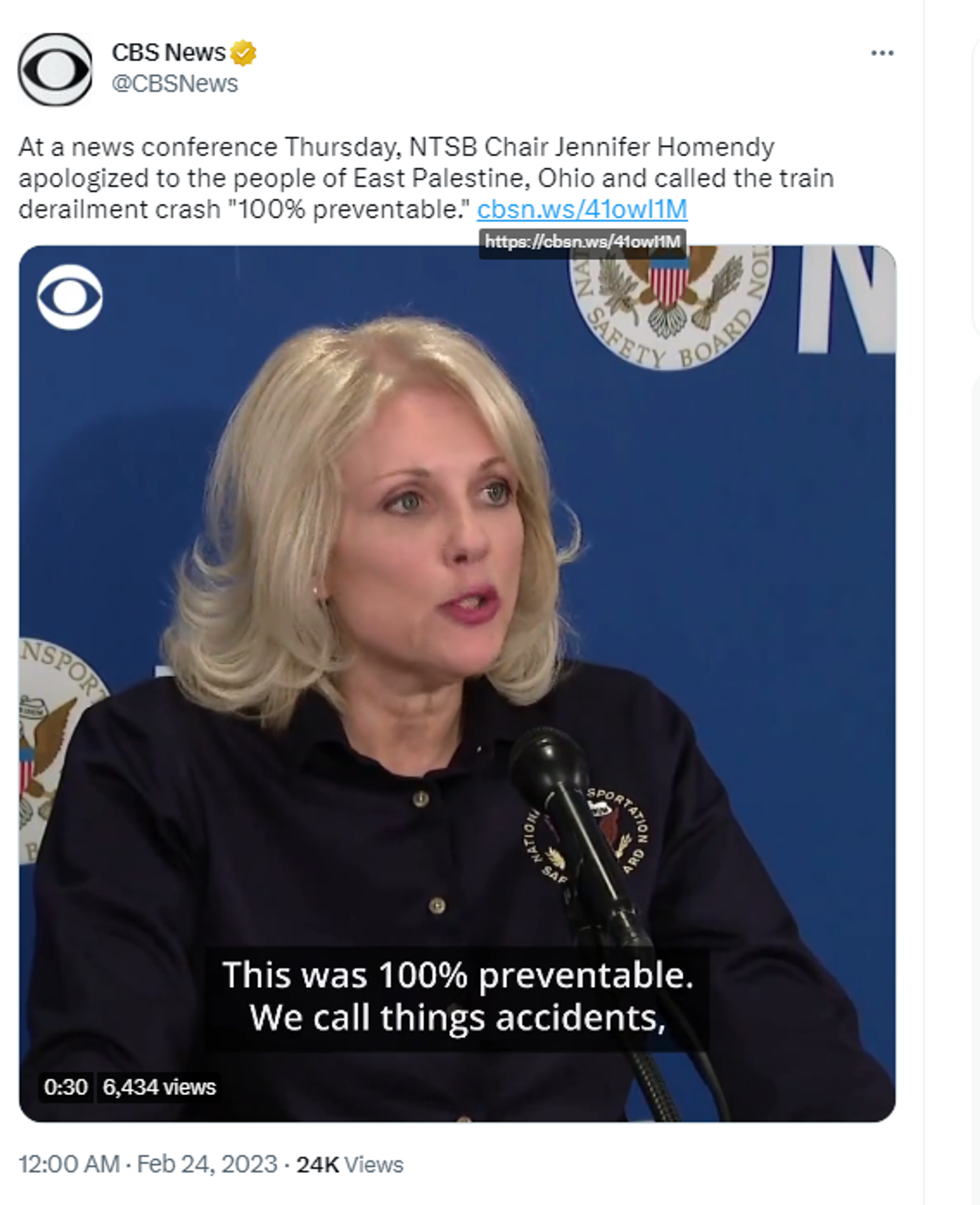 Twitter screenshot showing NTSB Chair Jennifer Homendy giving press conference on February 23, 2023, on East Palestine, Ohio, train derailment. - Sputnik International, 1920, 24.02.2023
