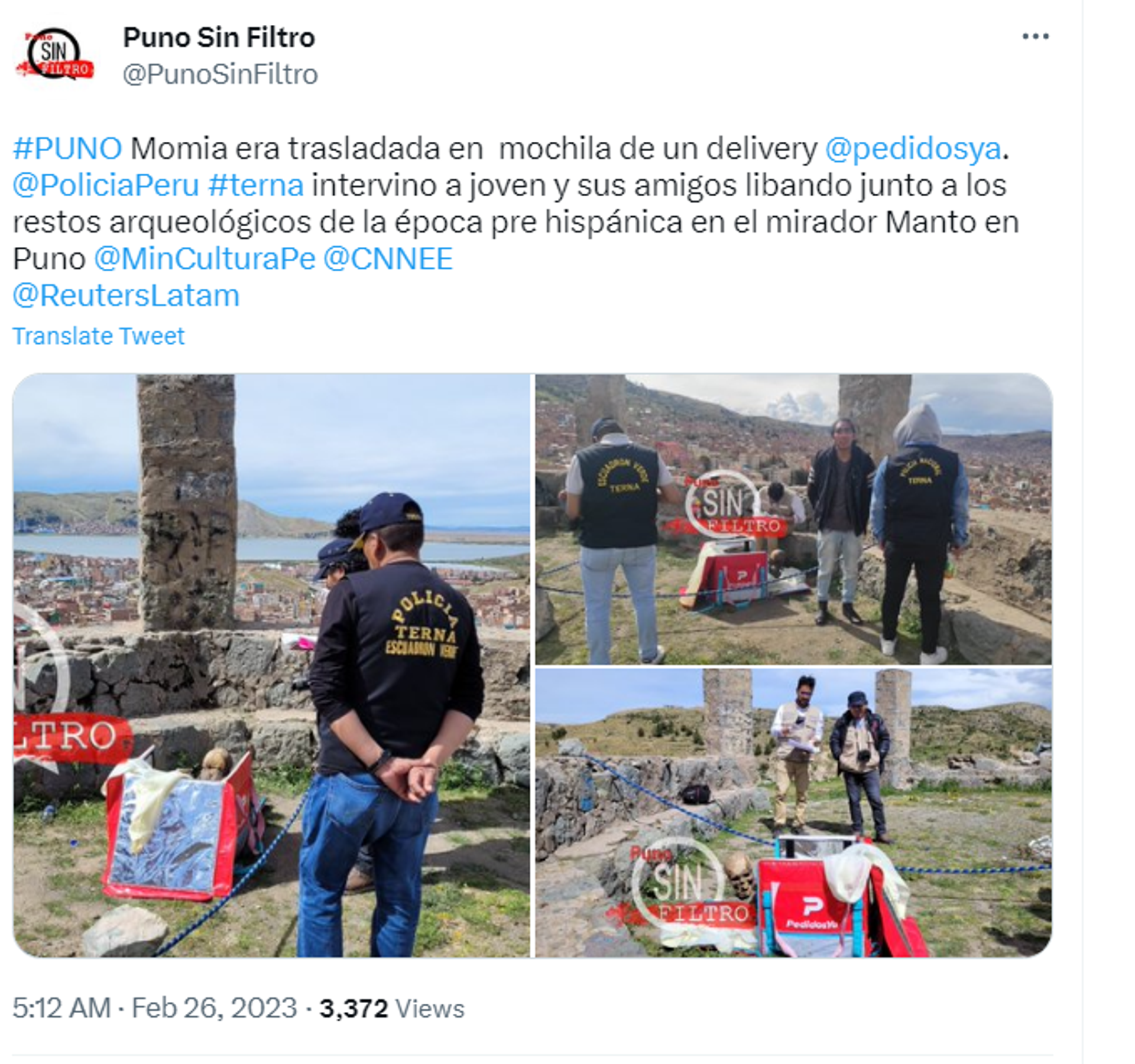 Twitter screenshot reportedly showing ancient mummy inside cooler bag carried by  man in Peru. - Sputnik International, 1920, 01.03.2023
