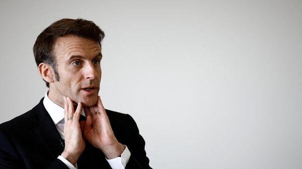 French President Emmanuel Macron gestures as he speaks with schoolchildren in a classroom during a prevention session on the papillomavirus (HPV infection) as he visits the Jean Lartaut Middle School in Jarnac, western France, on February 28, 2023 - Sputnik International
