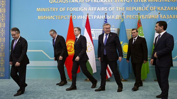 From left: Kyrgyzstan's Foreign Minister Jeenbek Kulubaev, Tajikistan's Foreign Minister Sirojiddin Muhriddin, US Secretary of State Antony Blinken, Kazakhstan's Foreign Minister Mukhtar Tleuberdi, Turkmenistan's Foreign Minister Rashid Meredow and Uzbekistan's Foreign Minister Bakhtiyor Saidov participate in the US-Central Asia (C5+1) foreign ministerial meeting at the Ministry of Foreign Affairs in Astana , Kazakhstan, Tuesday, Feb. 28, 2023. - Sputnik International