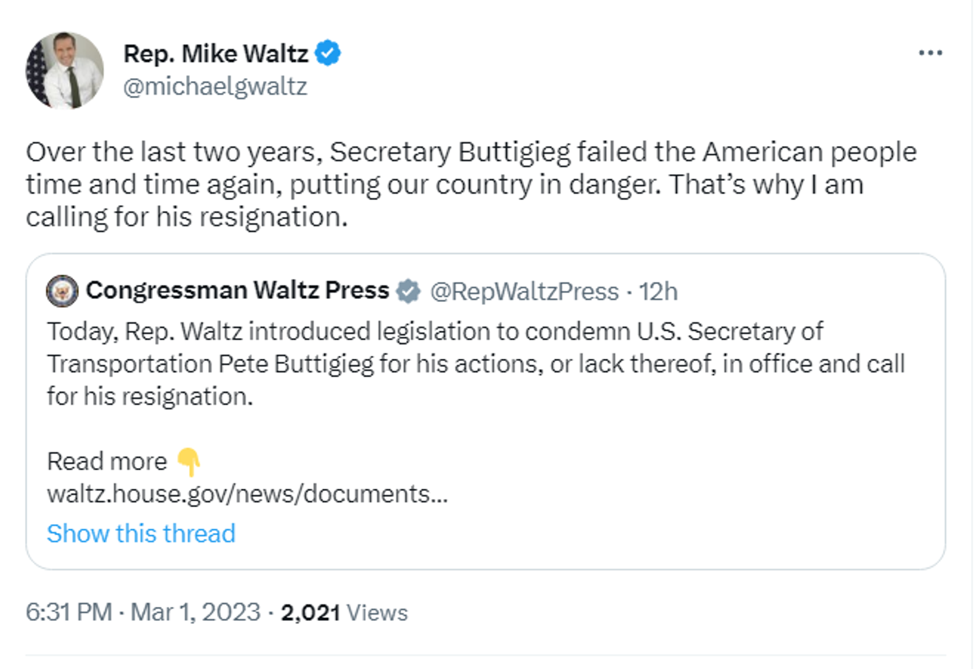 Twitter screenshot of post by Republican Rep. Mike Waltz. - Sputnik International, 1920, 02.03.2023