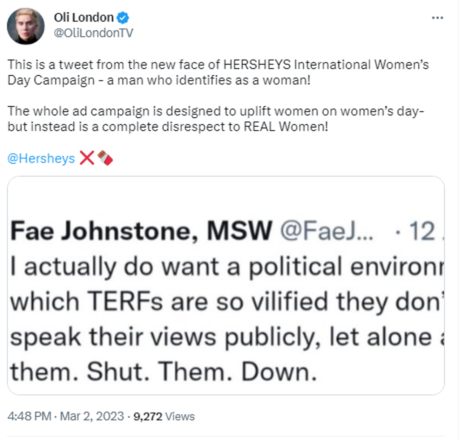 Twitter screenshot of post by Conservative author Oli London. - Sputnik International, 1920, 03.03.2023