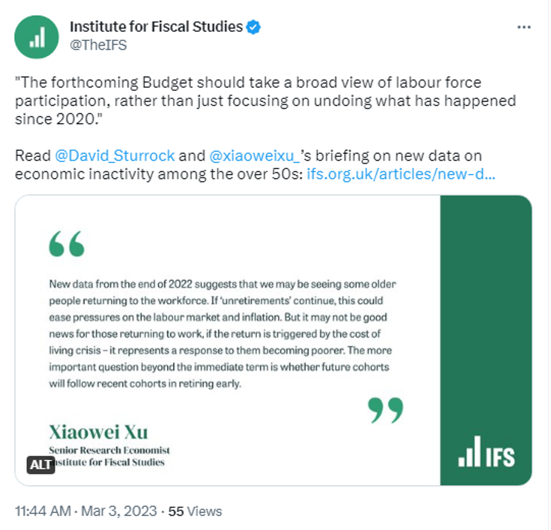 Twitter screenshot of post by Institute for Fiscal Studies. - Sputnik International, 1920, 03.03.2023