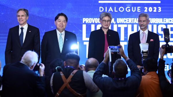 U.S. Secretary of State Antony Blinken, Japanese Foreign Minister Yoshimasa Hayashi, Australian Foreign Minister Penny Wong and Indian Foreign Minister Subrahmanyam Jaishankar attend a Quad ministers' panel at the Taj Palace Hotel in New Delhi - Sputnik International