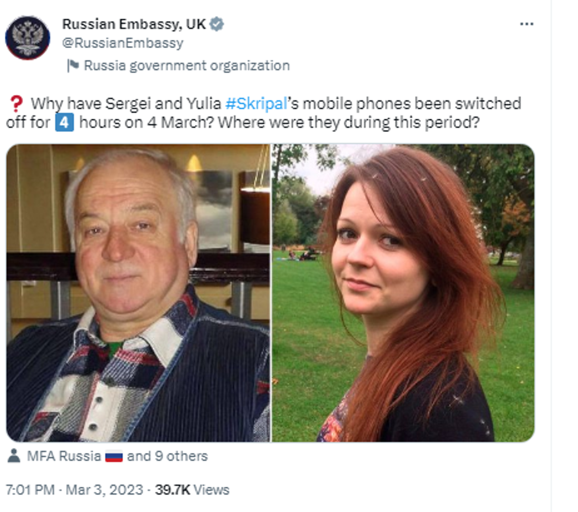 Twitter screenshot of post made by Russian Embassy in London on March 3, 2023, featuring photos of Sergei and Yulia Skripal. - Sputnik International, 1920, 04.03.2023