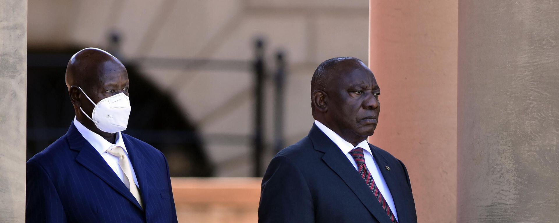 Ugandan President Yoweri Museveni, left, and his South African counterpart Cyril Ramaphosa, look on during a welcoming ceremony in Pretoria, South Africa, Tuesday, Feb. 28, 2023 - Sputnik International, 1920, 05.03.2023