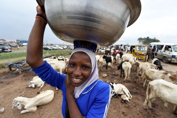 A young girls hawks wares at a cattle market in Kara Isheri in Ogun State, southwest Nigeria, ahead of the Muslim festival of Eid al-Adha. - Sputnik International