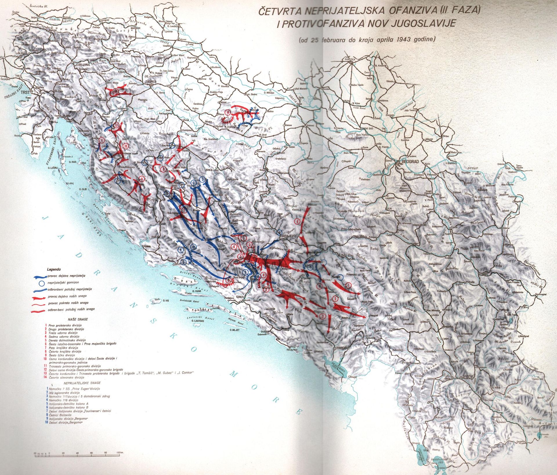 Map describing the Fourth Enemy Offensive (Operation Case White) and Partisan Counter Offensive (5 February to the end of April 1943) Map describing the Fourth Enemy Offensive (Operation Case White) and Partisan Counter Offensive (5 February to the end of April 1943) - Sputnik International, 1920, 06.03.2023