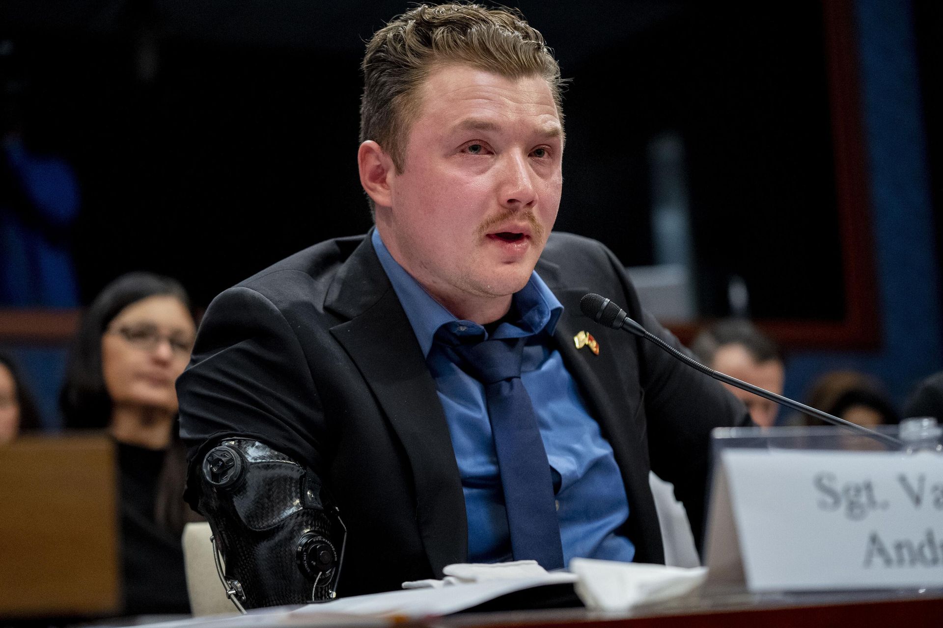 Former Marine Sgt. Tyler Vargas-Andrews, becomes emotional as he recounts his story during a House Committee hearing on the US evacuation from Afghanistan, Wednesday, March 8, 2023. - Sputnik International, 1920, 15.09.2023