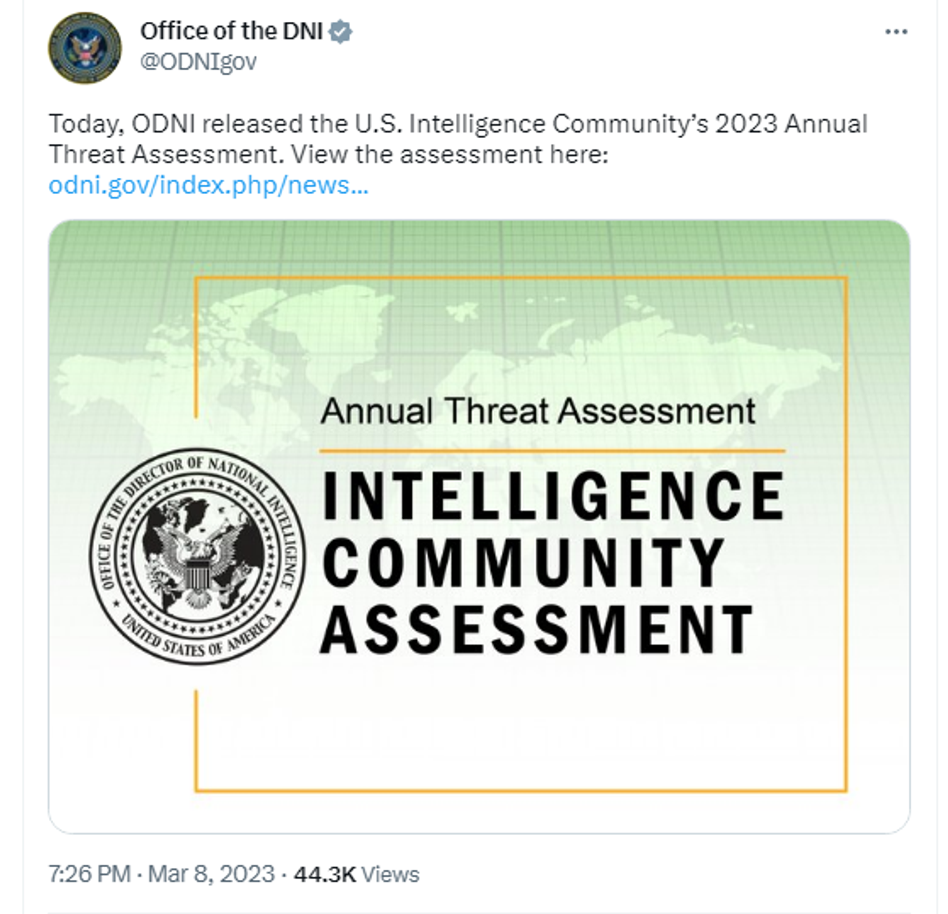 Screenshot of Twitter post by  Office of the Director of National Intelligence. - Sputnik International, 1920, 09.03.2023