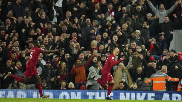 Liverpool's Darwin Nunez celebrates after scoring his side's fifth goal during the English Premier League soccer match between Liverpool and Manchester United at Anfield - Sputnik International