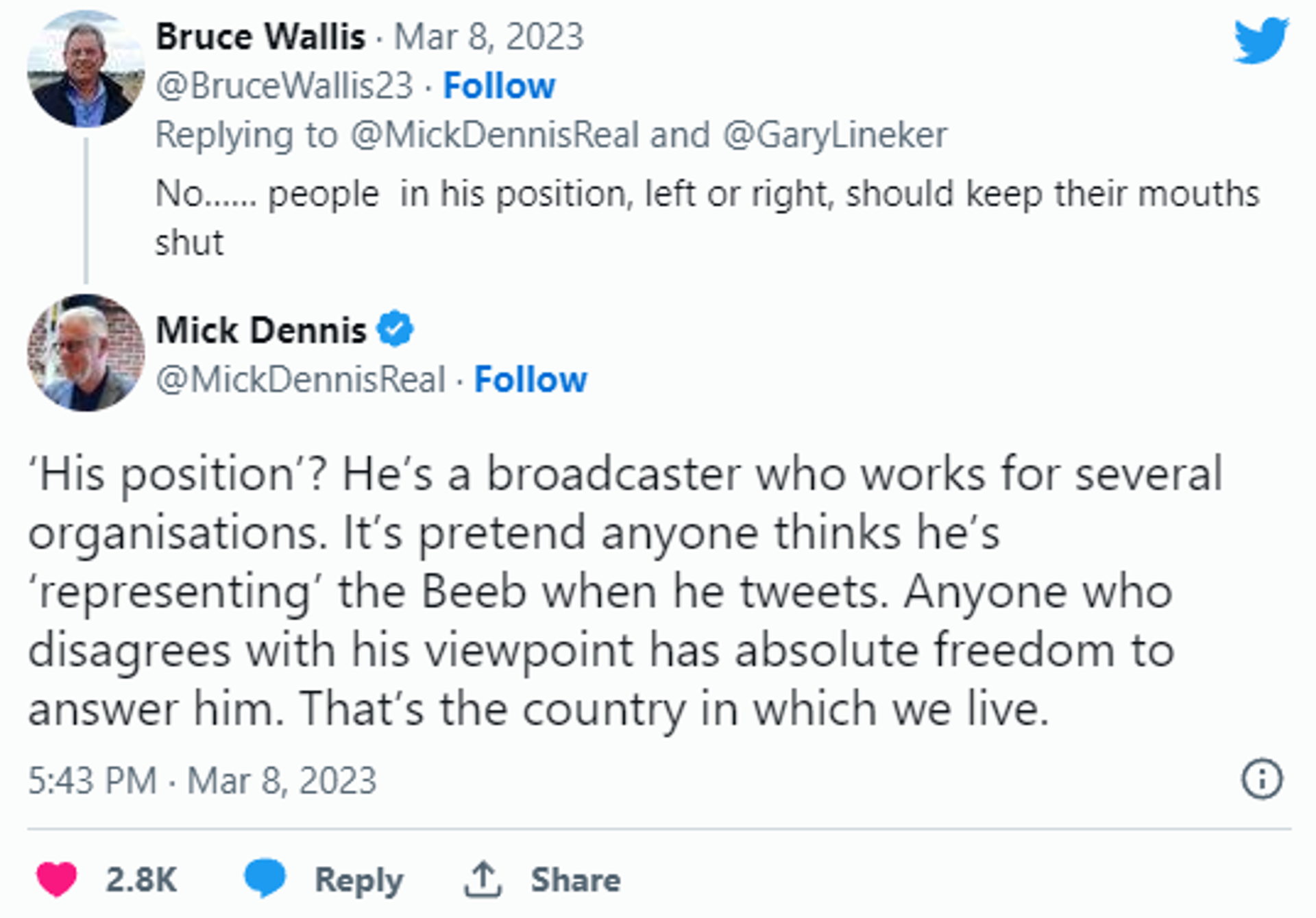 Mick Dennis points out that anyone can disagree with Lineker, but it has nothing to do with his positiion - Sputnik International, 1920, 11.03.2023