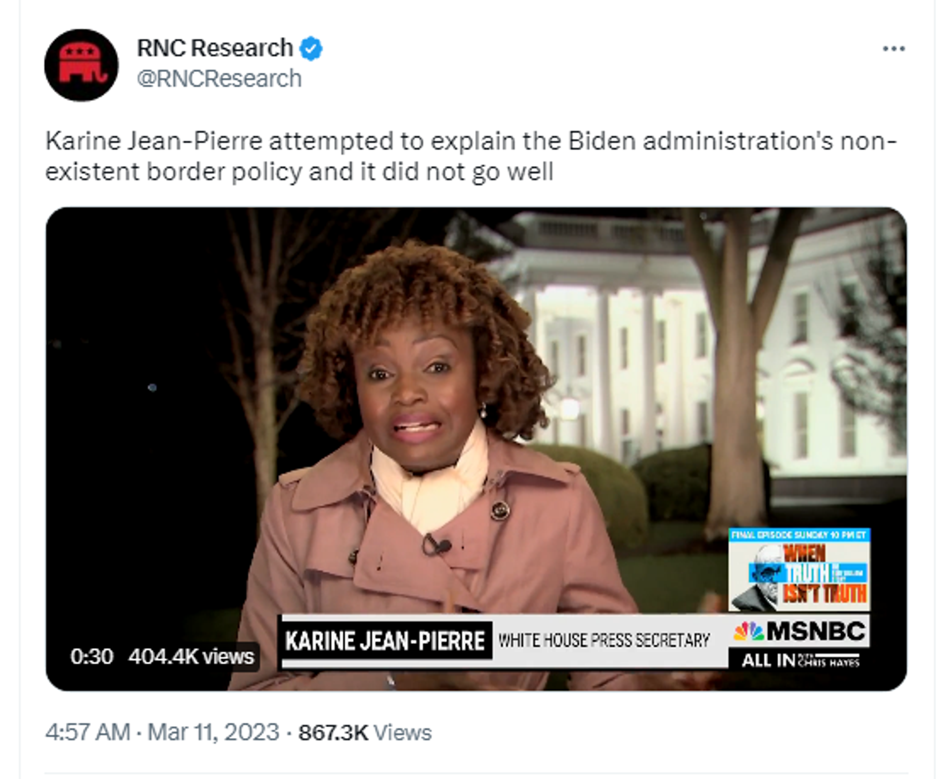Screenshot of Twitter post by RNC Research showing White House Press Secretary Karine Jean-Pierre. Screenshot of Twitter post by RNC Research showing White House Press Secretary Karine Jean-Pierre. - Sputnik International, 1920, 12.03.2023