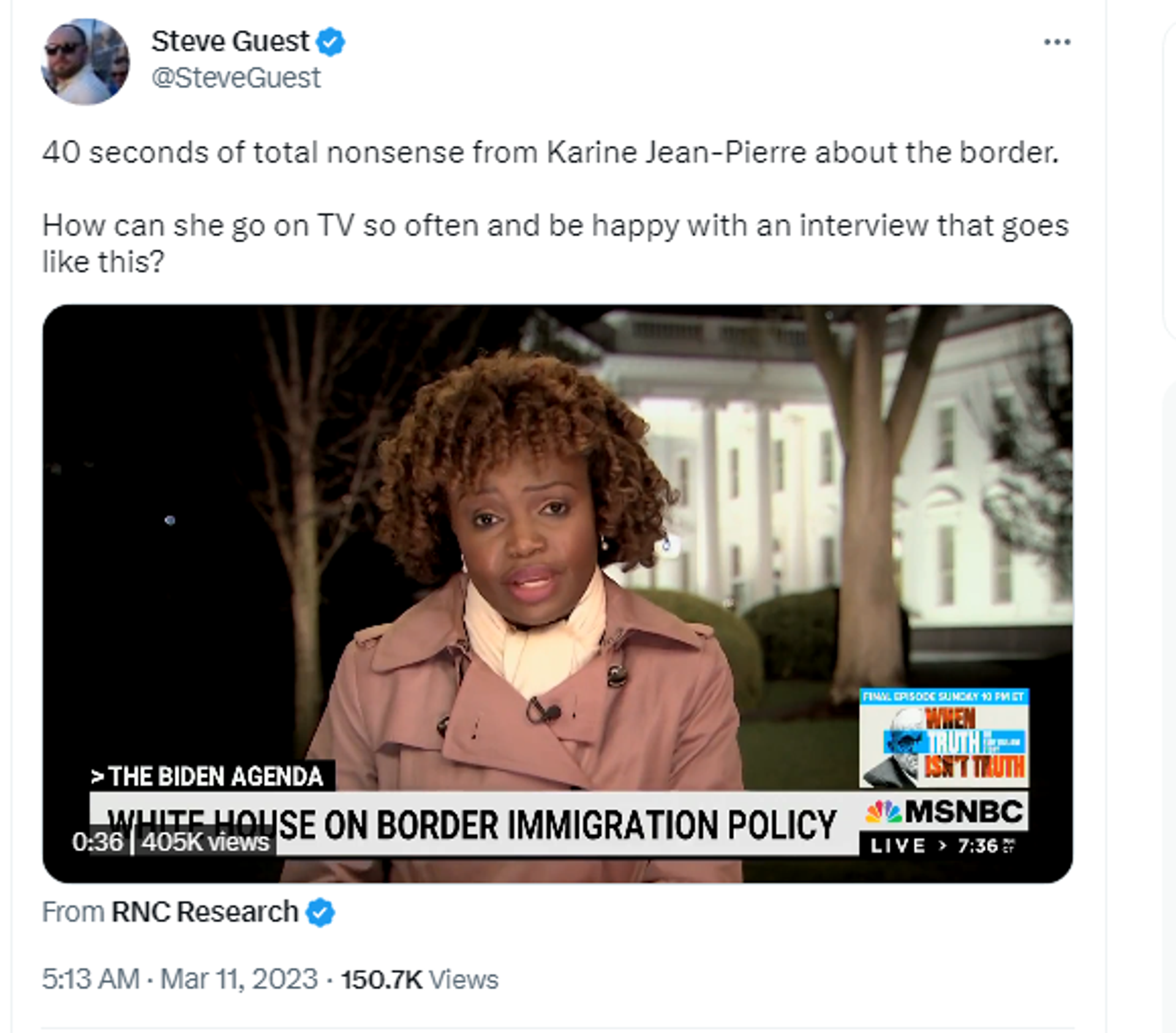 Twitter screenshot, featuring White House Press Secretary Karine Jean-Pierre. Twitter screenshot, featuring White House Press Secretary Karine Jean-Pierre. - Sputnik International, 1920, 12.03.2023