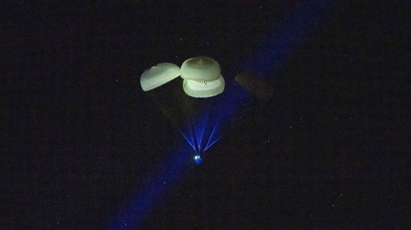 The capsule of the SpaceX Dragon Endurance spacecraft, slowed by parachutes, approaches the surface of the waters of the Gulf of Mexico off Tampa - Sputnik International