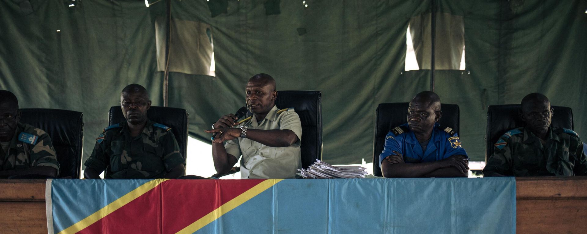 Military magistrates address the defendants during a court hearing for the murder of former Italian ambassador to the Democratic Republic of Congo Luca Attanasio at the Ndolo military prison in Kinshasa on February 15, 2023 - Sputnik International, 1920, 13.03.2023