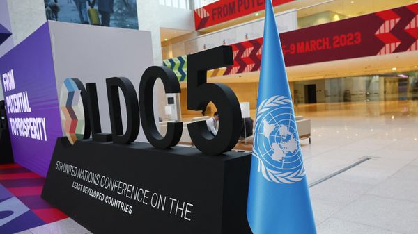 The LDC5 logo is set up during preparations for the 5th United Nations Conference on the Least Developed Countries (LDC5) at Qatar National Convention Center (QNCC) in Doha on March 3, 2023.  - Sputnik International
