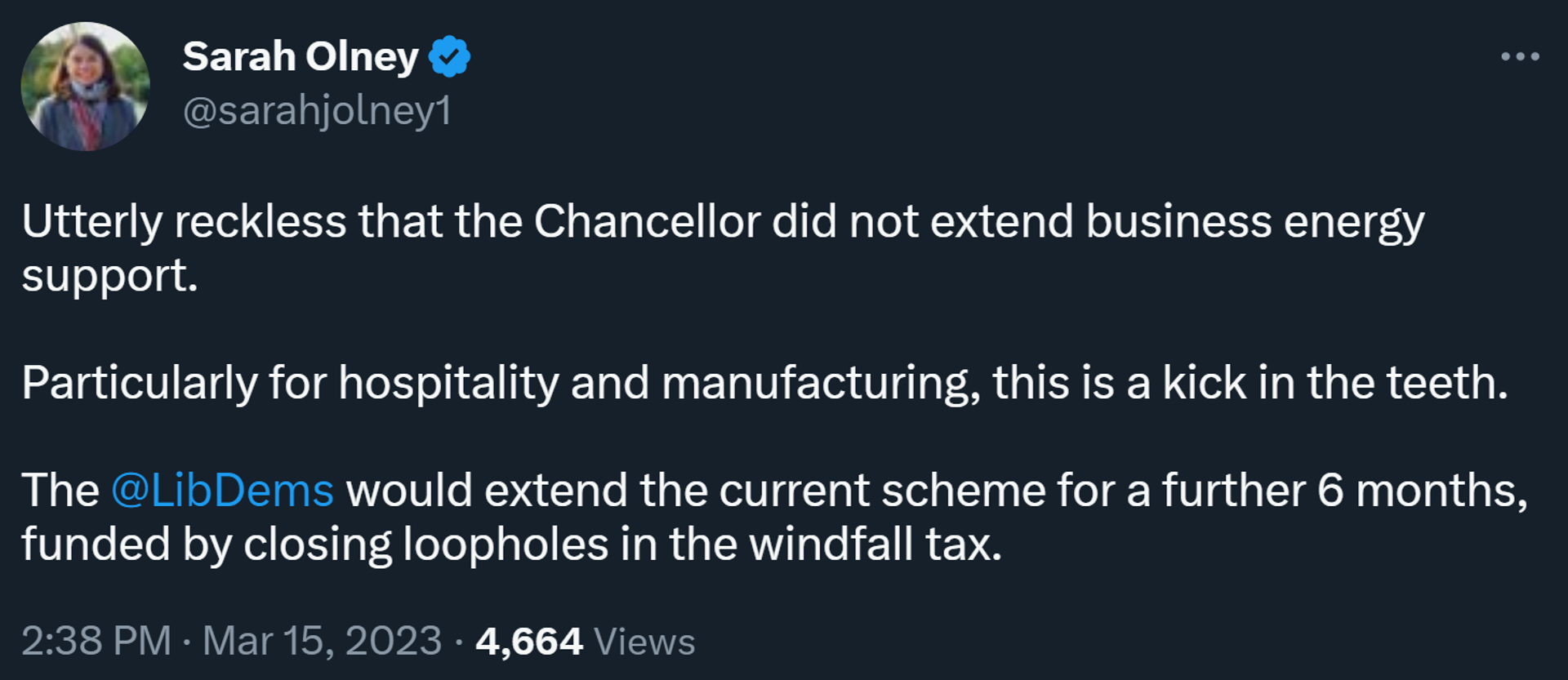Liberal Democrat treasury spokeswoman Sarah Olney criticises Conservative Chancellor of the Exchequer Jeremy Hunt for failing to maintain energy bill support for businesses - Sputnik International, 1920, 15.03.2023