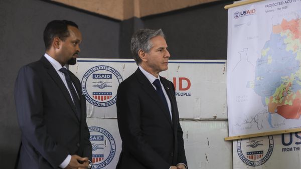 U.S. Secretary of State Antony Blinken, right, and Ethiopian Minister of Finance Ahmed Shide visit a U.N. Logistics Center Warehouse in Addis Ababa, Ethiopia, Wednesday, March 15, 2023.  - Sputnik International