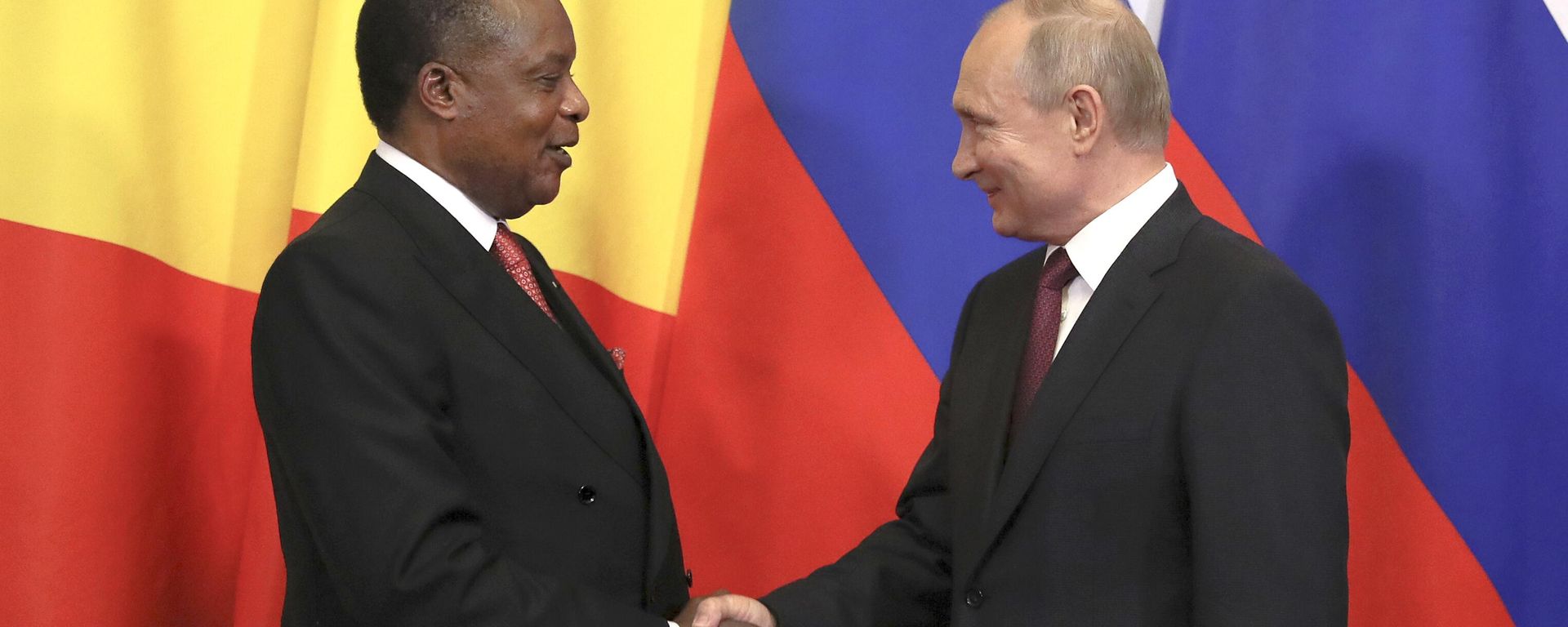 Russian President Vladimir Putin, right, shakes hands with President of Congo-Brazzaville Denis Sassou Nguesso during a signing ceremony following their talks in the Kremlin in Moscow, Russia, Thursday, May 23, 2019  - Sputnik International, 1920, 17.03.2023