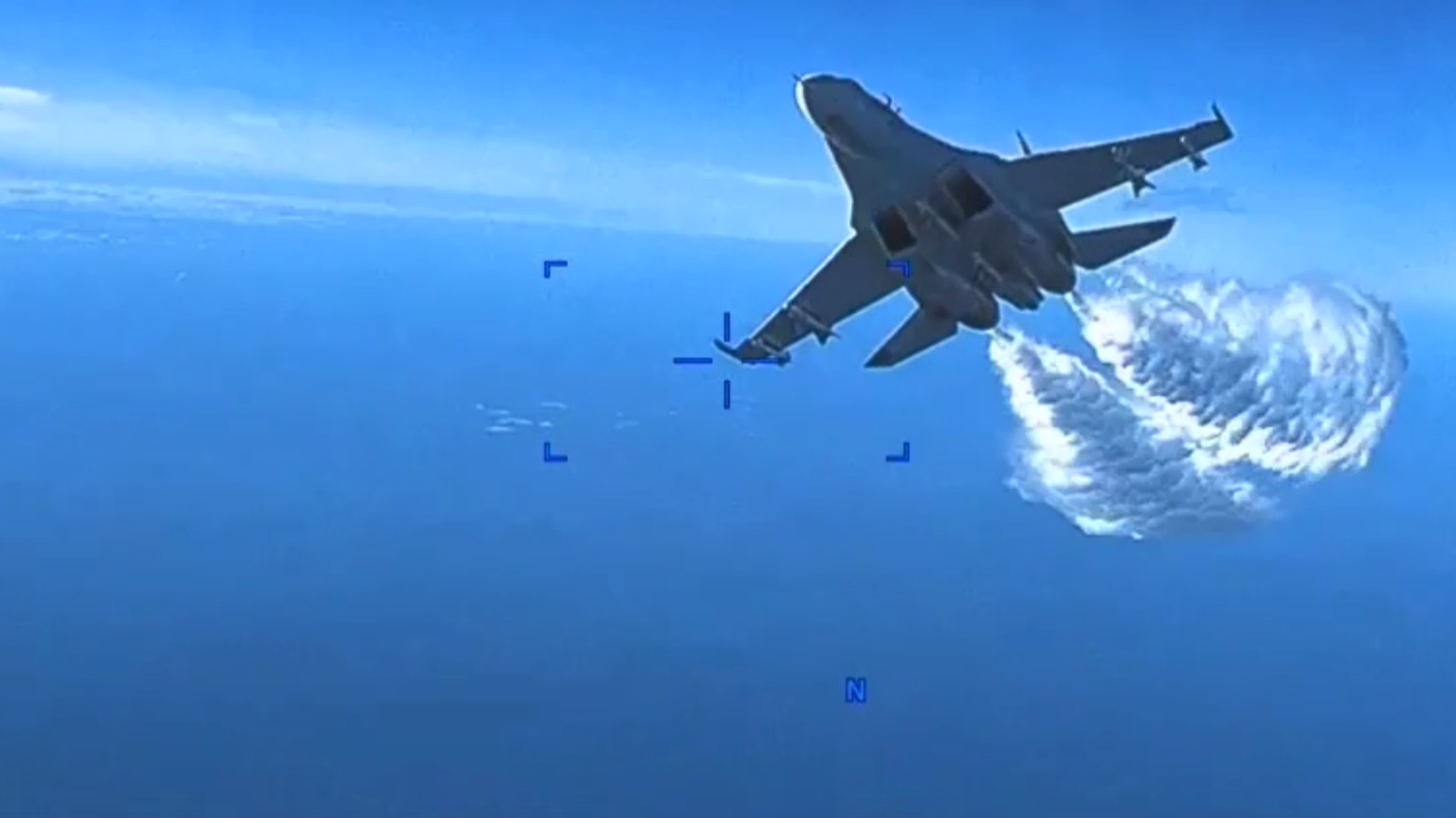 Screengrab of Pentagon video on a US Reaper drone's encounter with a Russian Su-27 fighter jet over the Black Sea. Screengrab of Pentagon video on a US Reaper drone's encounter with a Russian Su-27 fighter jet over the Black Sea. - Sputnik International, 1920, 22.03.2023
