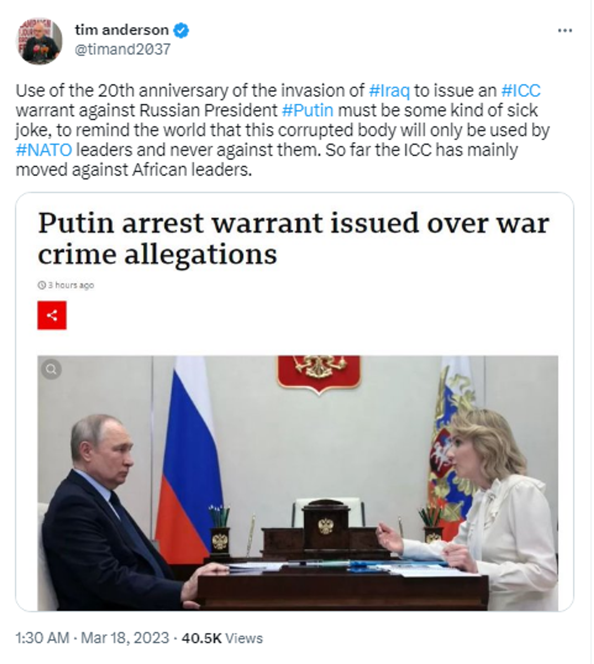 Screenshot of Twitter post by Tim Anderson, writer, academic and Director of the Centre for Counter Hegemonic Studies. - Sputnik International, 1920, 18.03.2023