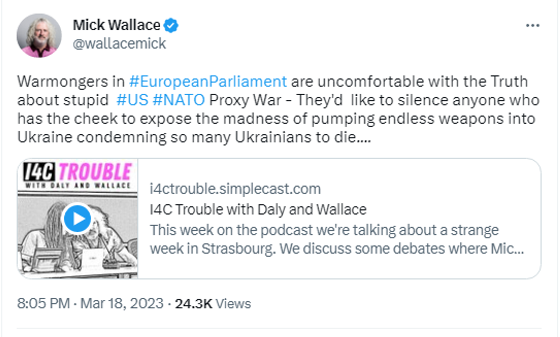 Screenshot of Twitter post by Michael Wallace, an Irish politician and a Member of the European Parliament (MEP) from Ireland. Screenshot of Twitter post by Michael Wallace, an Irish politician and a Member of the European Parliament (MEP) from Ireland. - Sputnik International, 1920, 19.03.2023