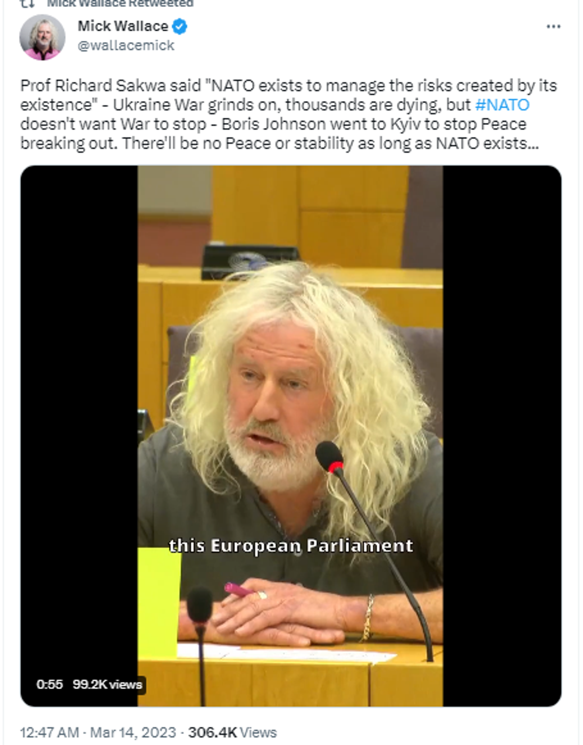 Screenshot of Twitter post by Michael Wallace, an Irish politician and a Member of the European Parliament (MEP) from Ireland. Screenshot of Twitter post by Michael Wallace, an Irish politician and a Member of the European Parliament (MEP) from Ireland. - Sputnik International, 1920, 19.03.2023